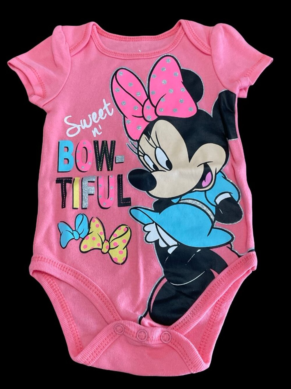 👣 10/$25 - Pink "Sweet N' Bow-tiful" Onesie w/ Sparkle Minnie Mouse Graphic